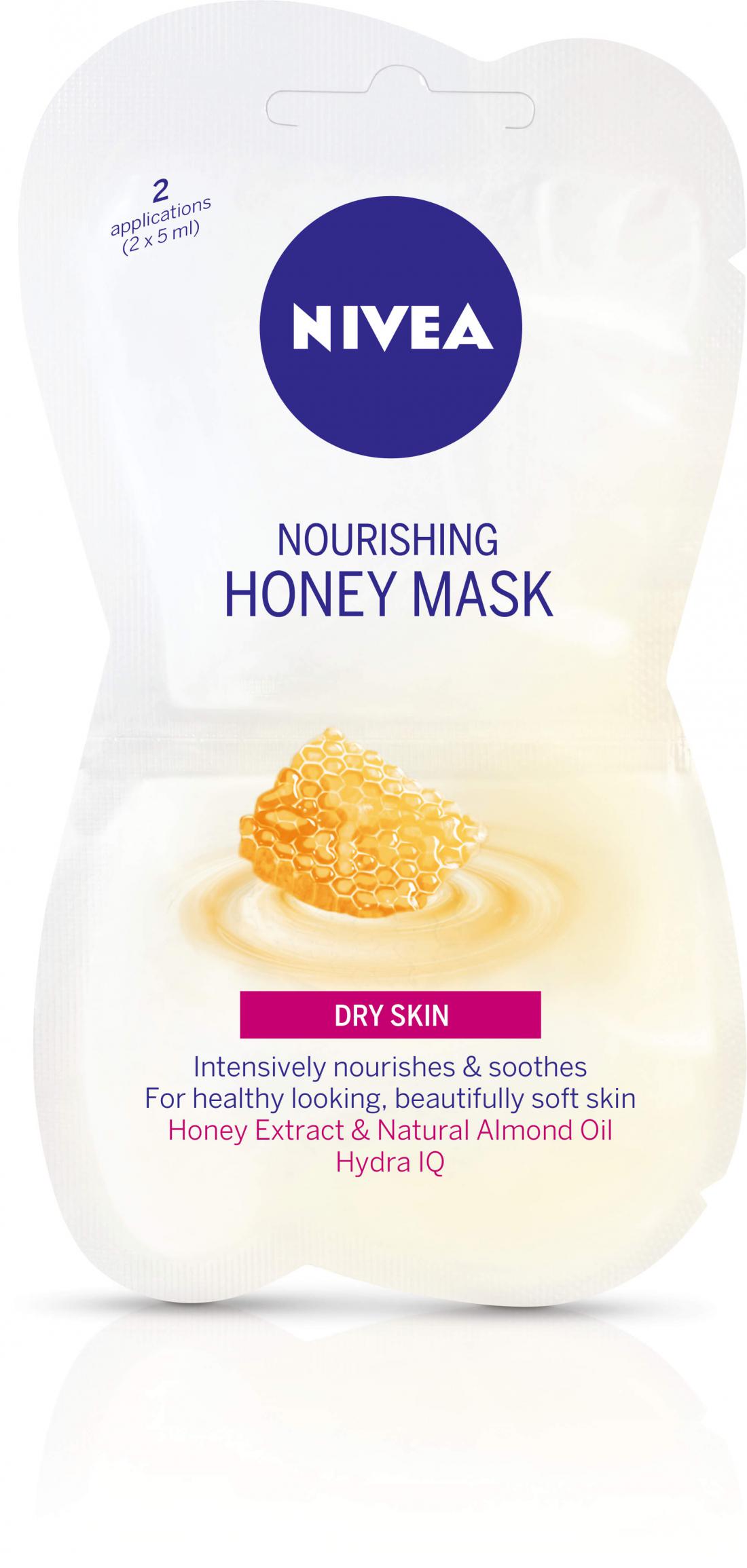 Nivejina medena maska z izvlečkom medu in naravnim mandljevim oljem, ki kožo intenzivno nahrani in pomiri.
