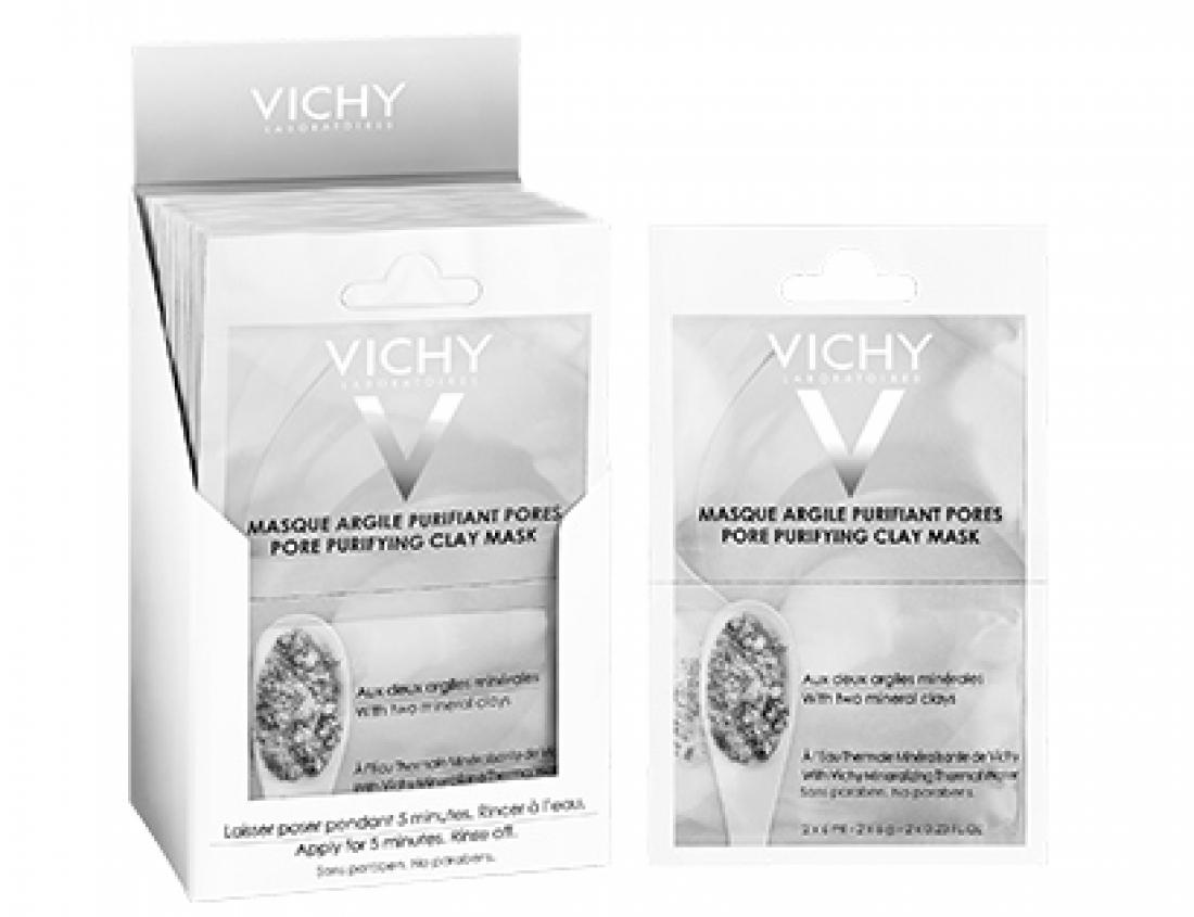 Vichyjeva mineralna maska, ki združuje dve vrsti gline z mineralizirano termalno vodo, za odmašene pore in prečiščeno kožo, ki je mehka na otip.